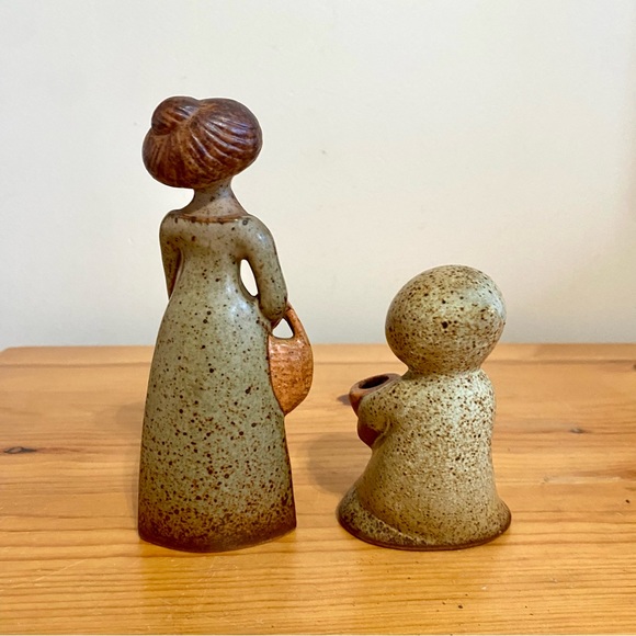 Vintage Stoneware Mother Daughter Pottery Vase Set Flower Bud Dried Mid-Century - Picture 7 of 7